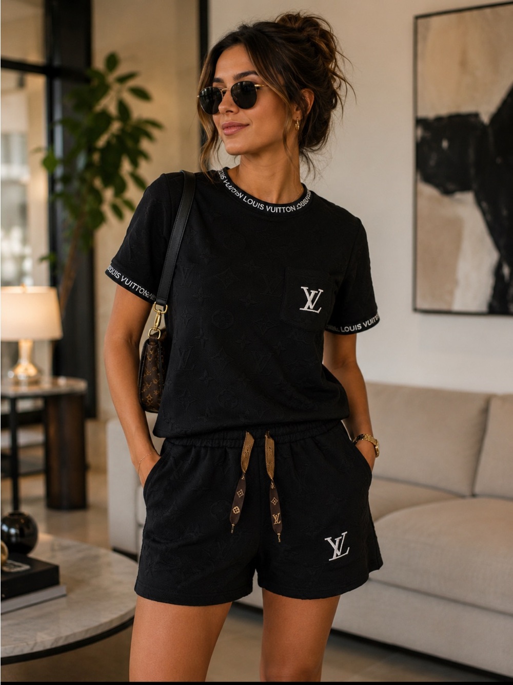 Black Monogram Knit Tee and Shorts Set with Brown Drawstrings